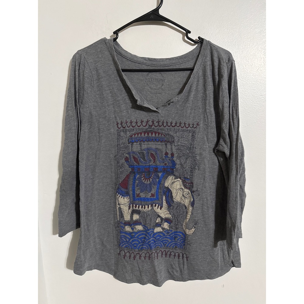 Lucky Brand Womens Gray Elephant Graphic Long Sleeve Split Neck T-Shirt Large